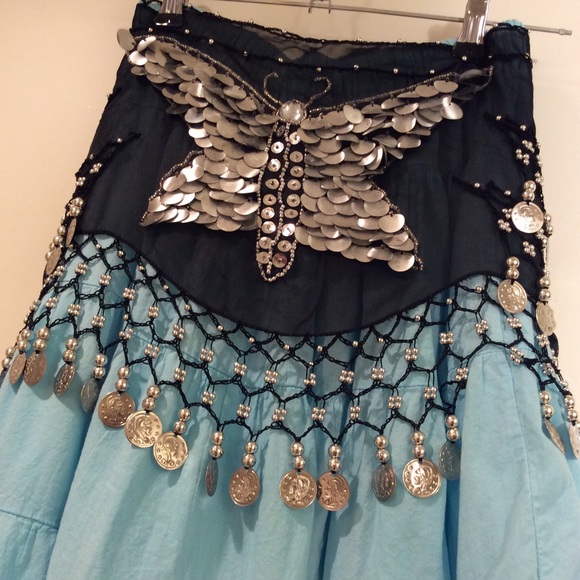 🌸 2PC BLUE MAXI SKIRT GYPSY FLARE WITH COIN BELT - Picture 6 of 8